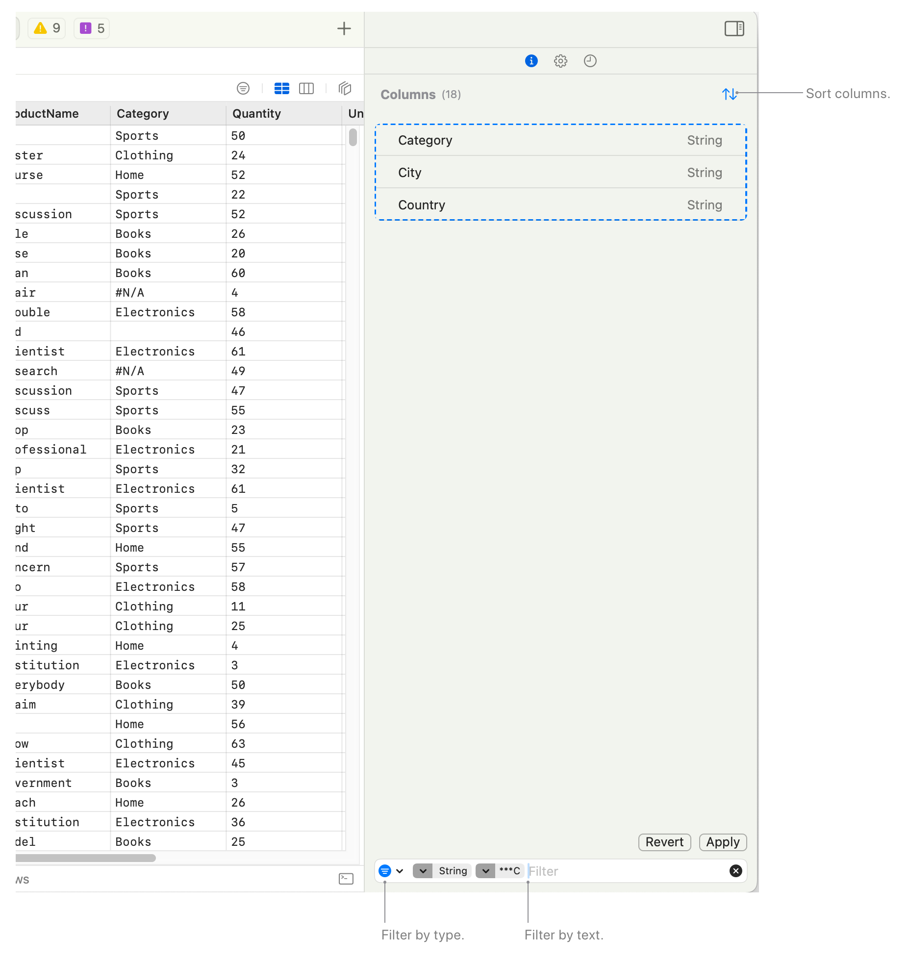 Sort and filter columns