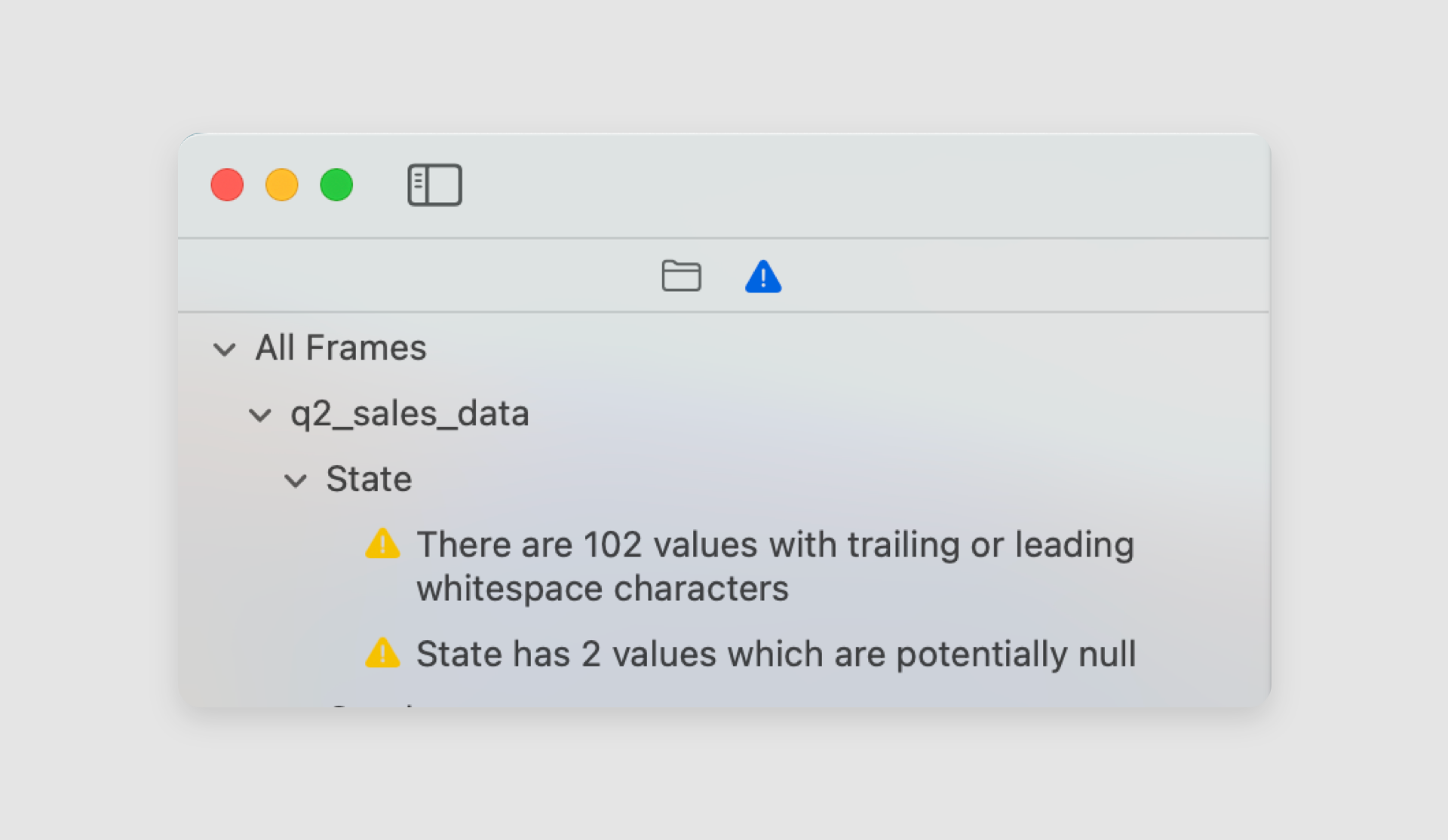 The data quality panel flagging common issues inline, with one-click fixes.