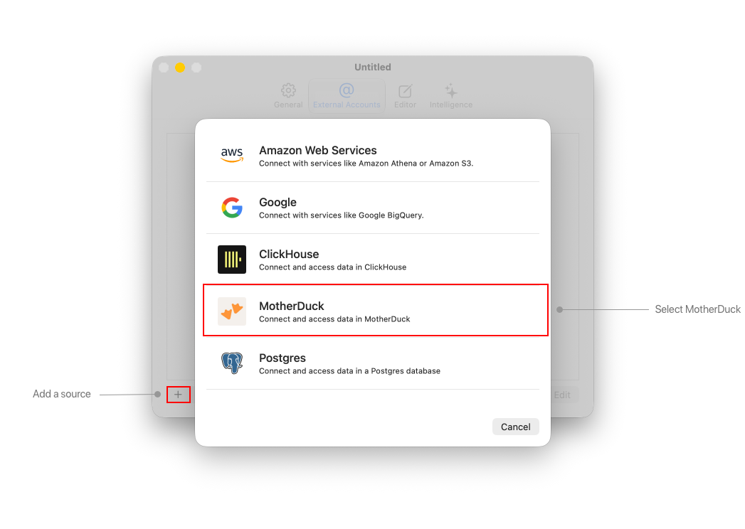 External accounts pane