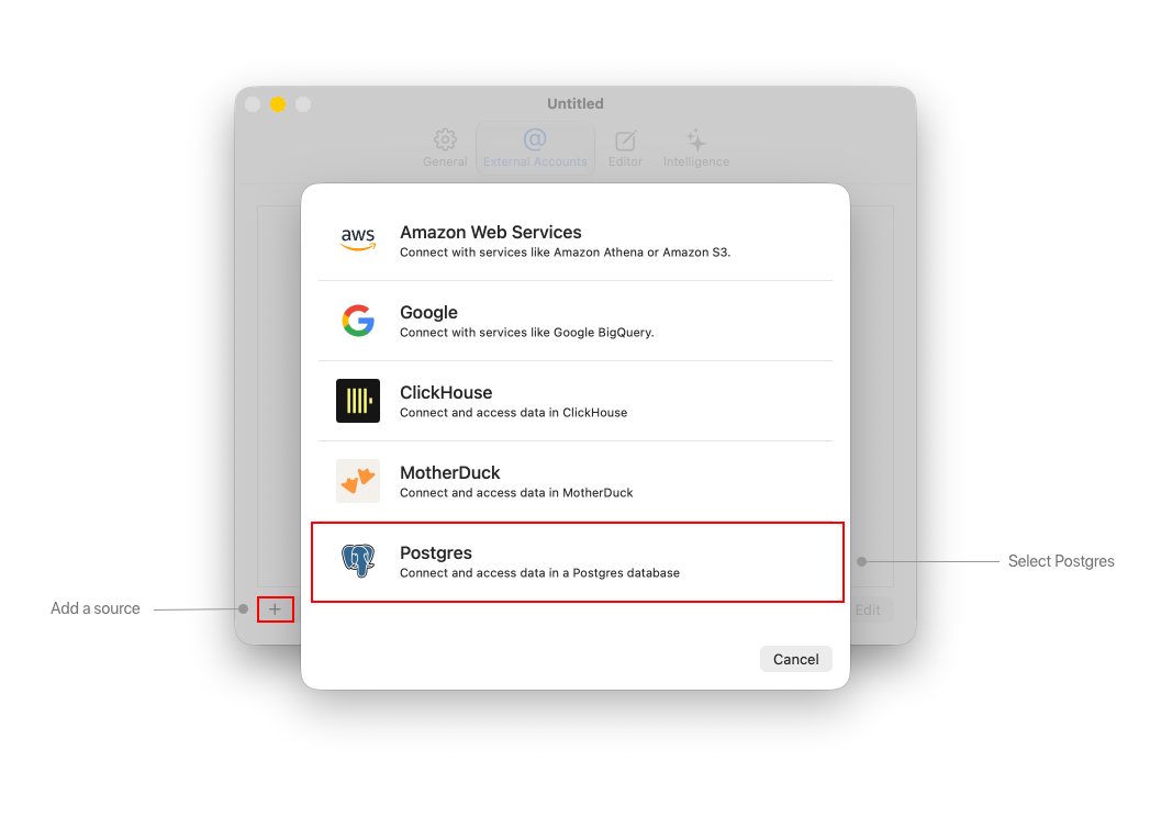 External accounts pane