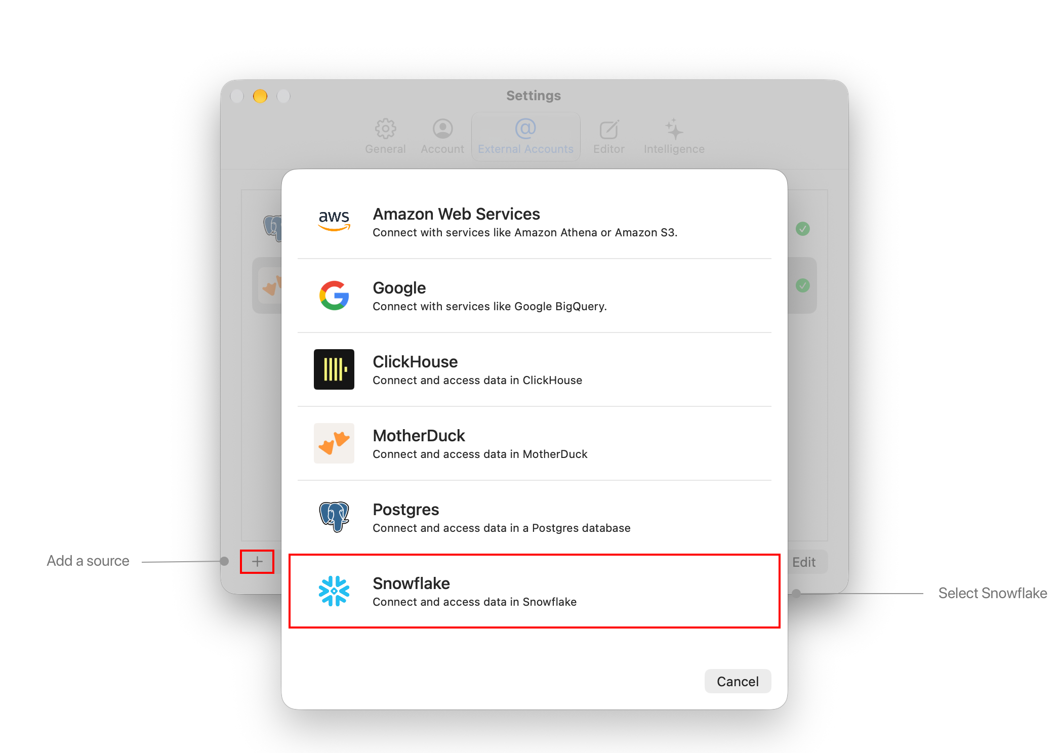 External accounts button in the menu
