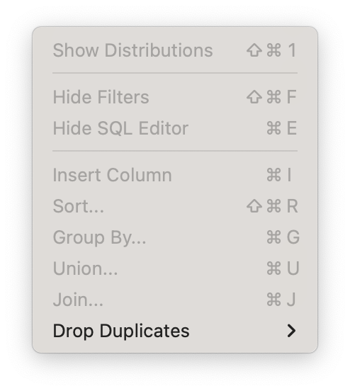 Shortcuts menu