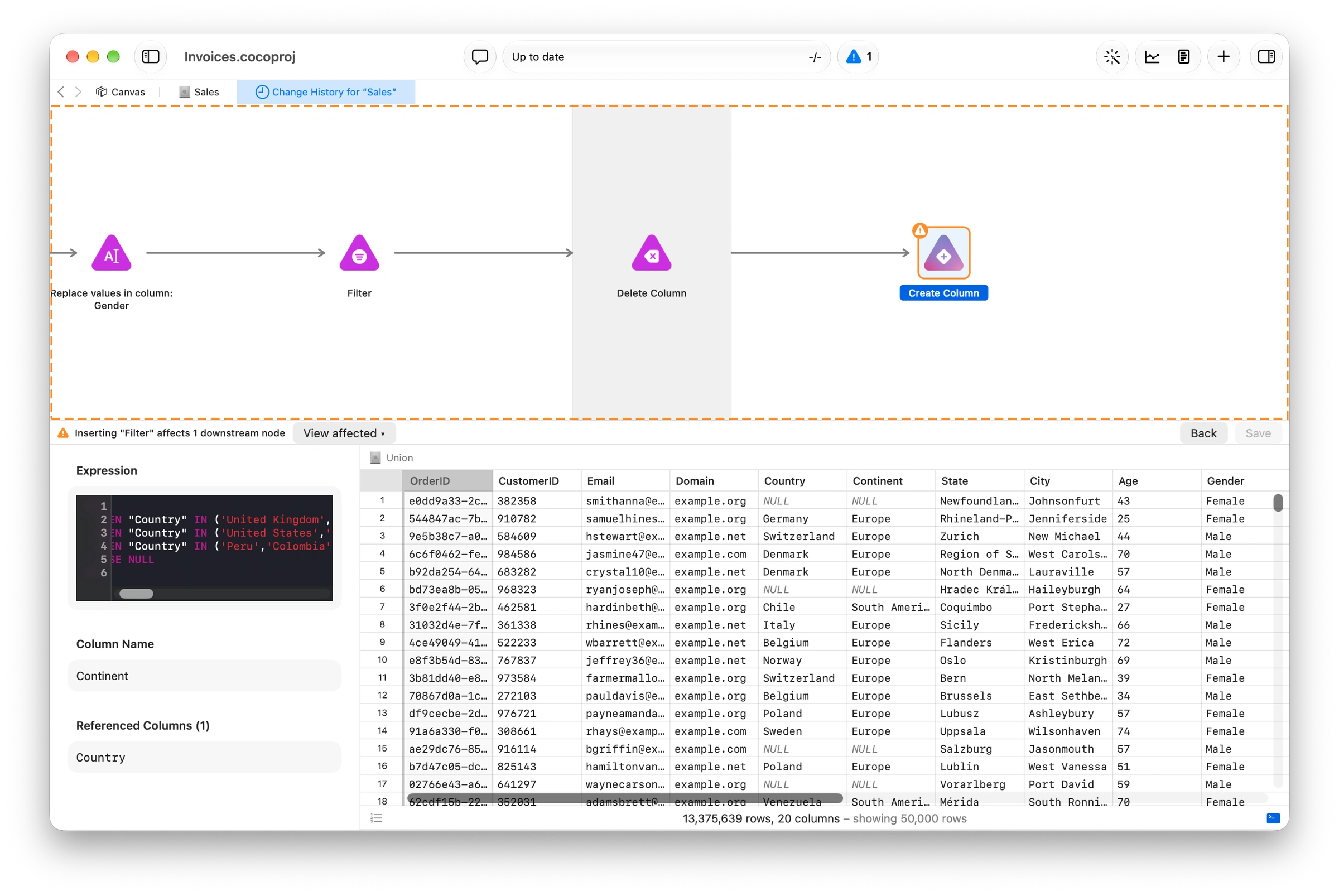 Coco Change History highlighting an affected Create Column node and warning that inserting a filter affects one downstream node.