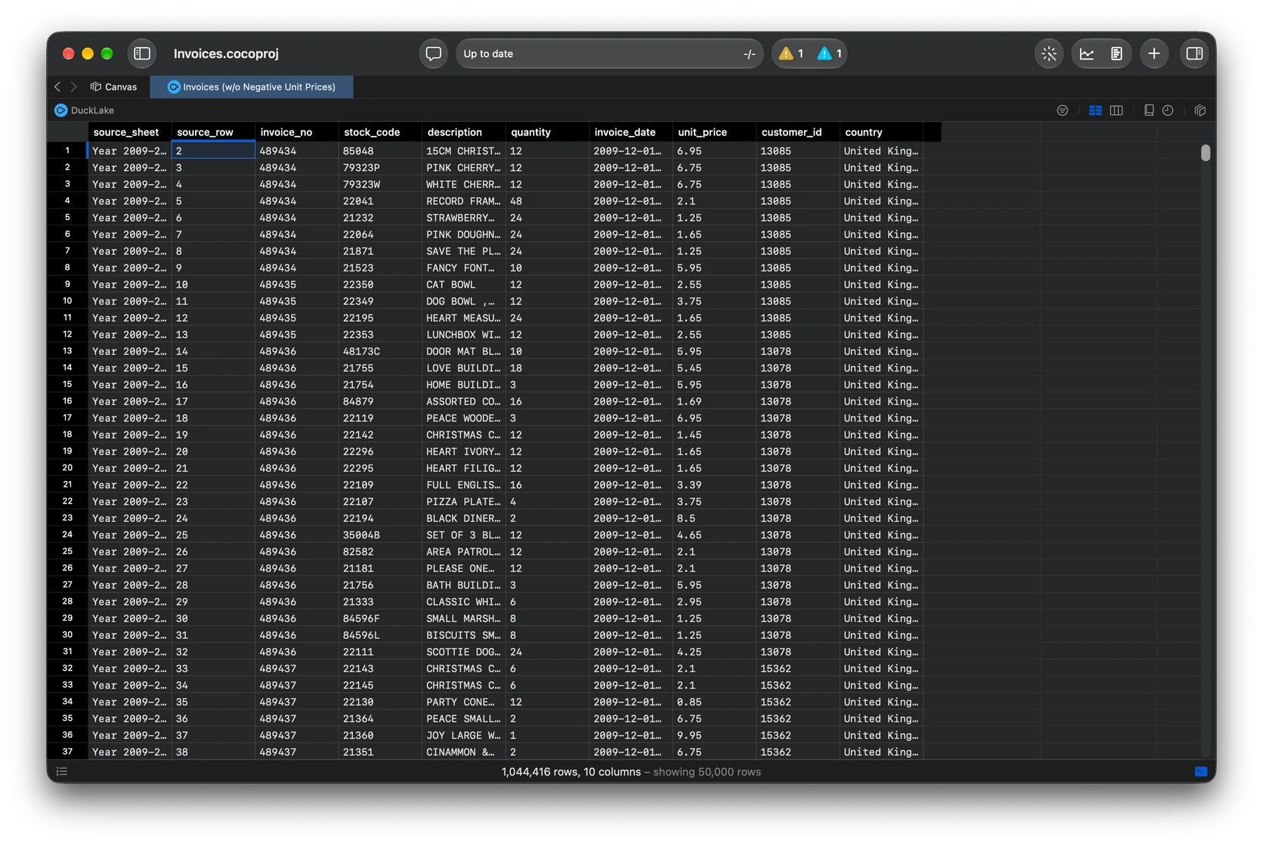 Coco displaying invoice data, with copies of the window receding into the stars.