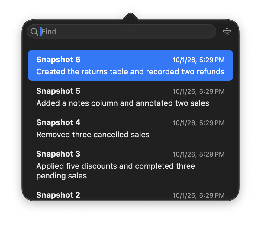 Snapshot picker showing the history of changes, aligned with the Snapshot button